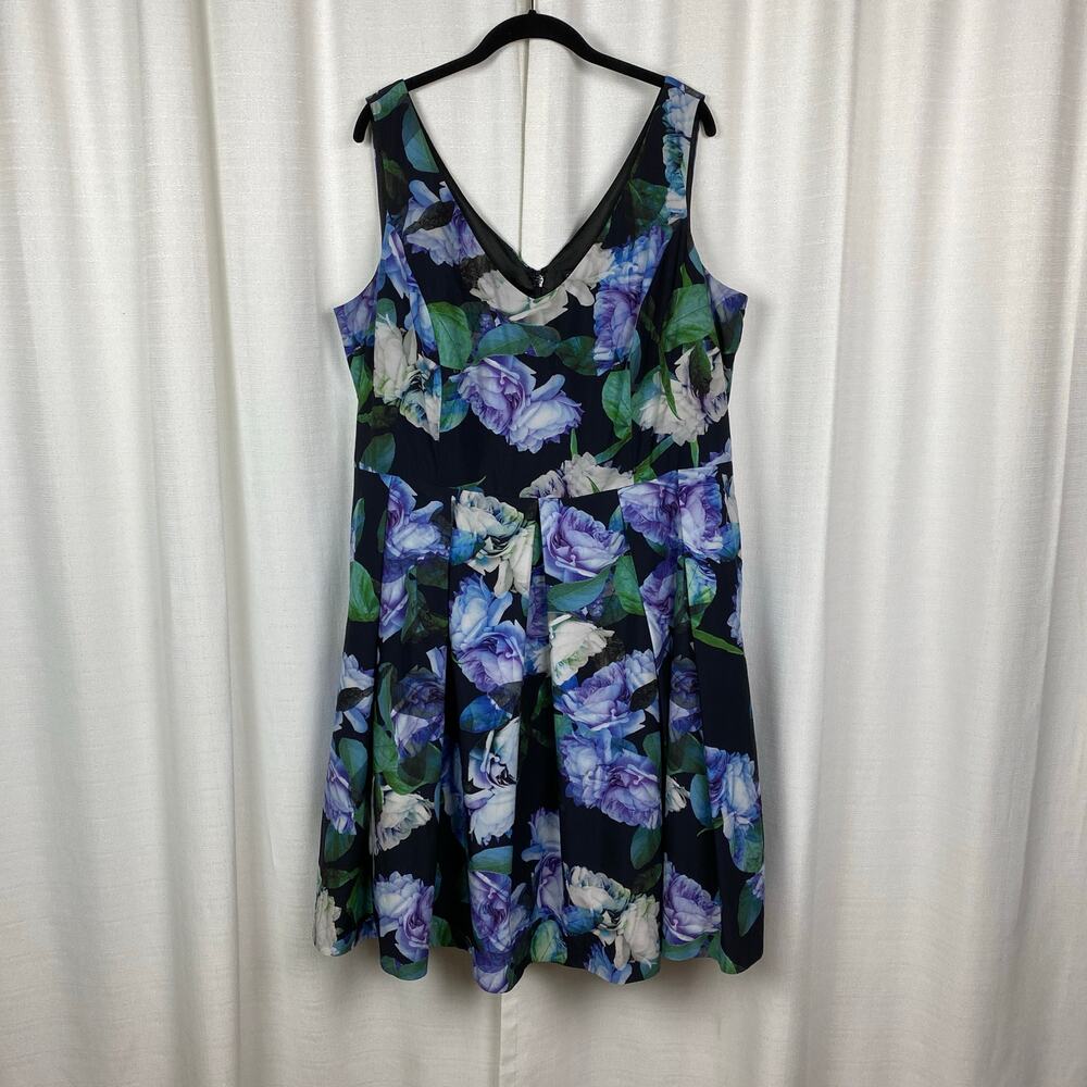 City Chic Black&Purple Floral Sateen Fit&Flare Midi Dress Sz.L/20W - Picture 2 of 13